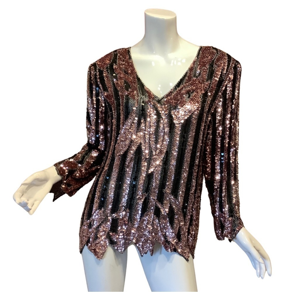 Vintage Sho Max Baby Pink Sequin Top with Rhinestones - Picture 3 of 12